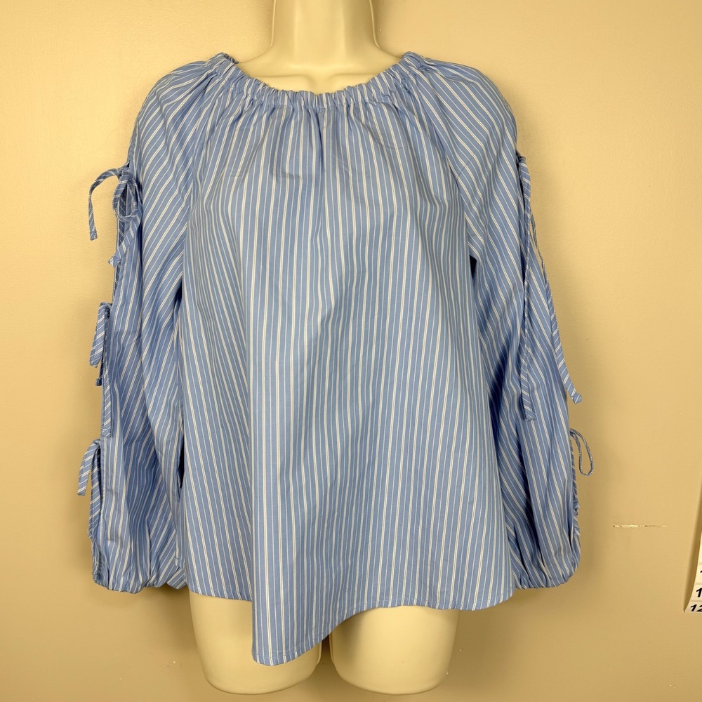 Free Assembly Womens Blue White Striped Tie Sleeve Blouse XS New